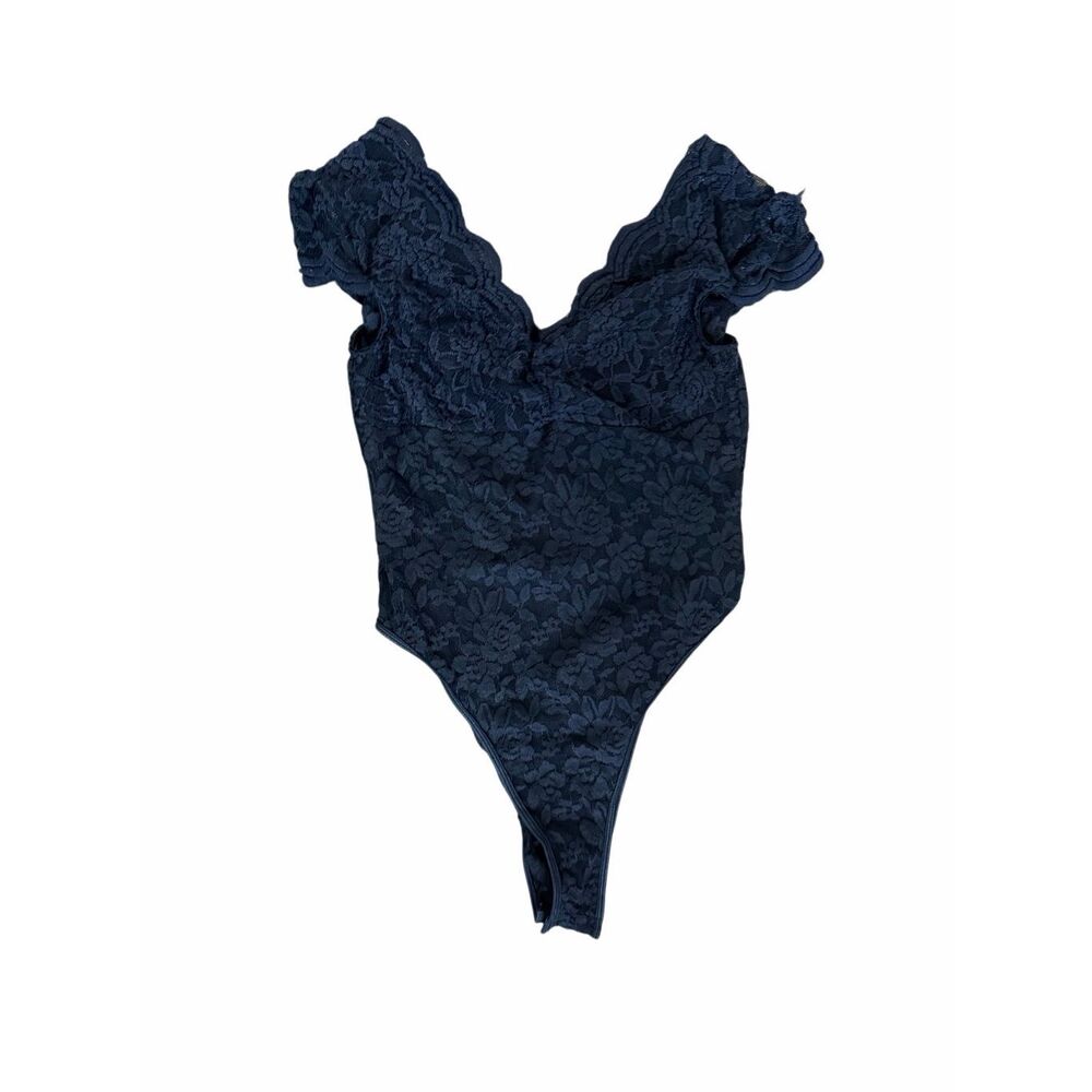 Free People Navy Blue Lace Bodysuit Cap Sleeves Women's Size M